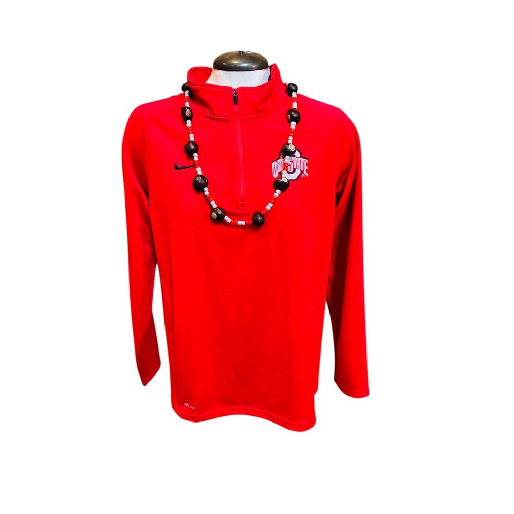 Handmade Buckeye Nut Necklace With Red & Gray Beads For Sports Fans Ohio State E